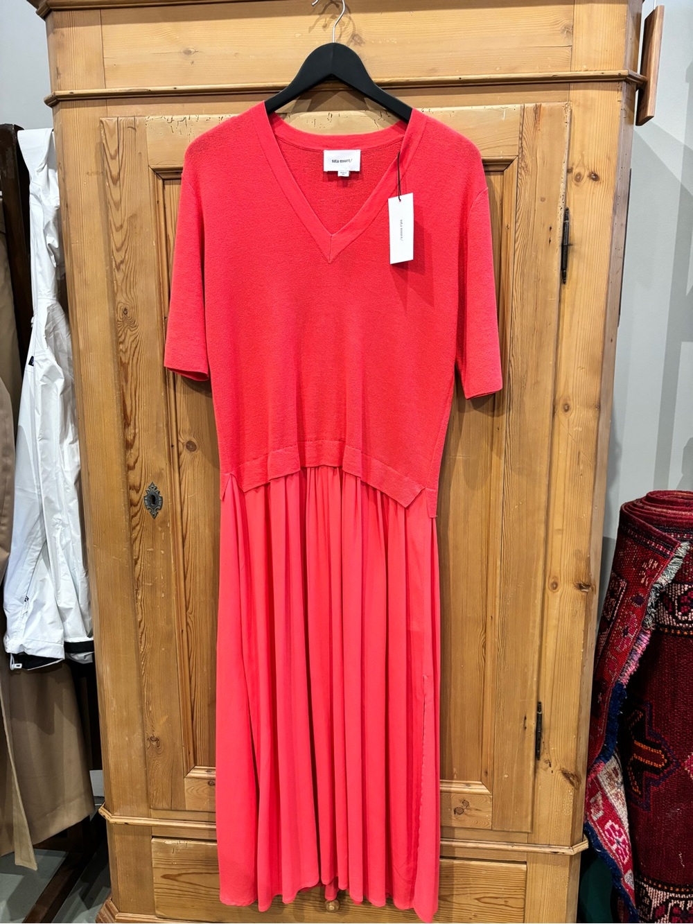 Coral V-Neck Maxi Dress with Knit Bodice